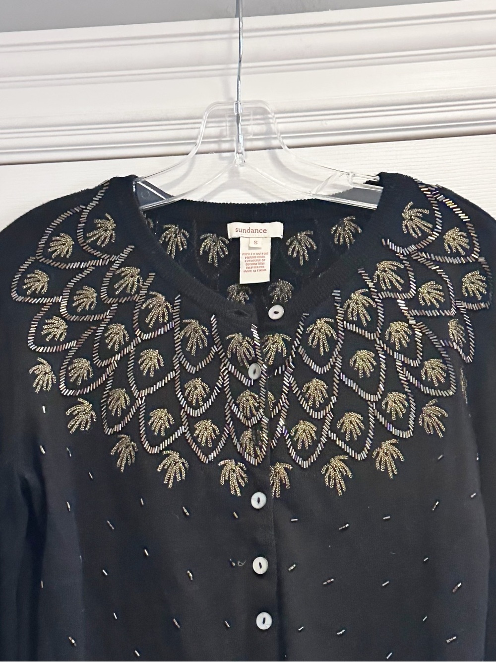 Sundance 100% Wool Cardigan Sweater Black Gold Beaded Stitched SMAL MOP Button